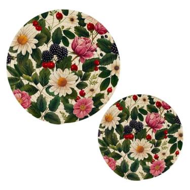 Imagem de Wassud Conjunto de trivet de padrão floral retrô para pratos quentes, suportes redondos de algodão, almofadas quentes, porta-copos elegantes, decoração de cozinha e acessórios, 2 peças