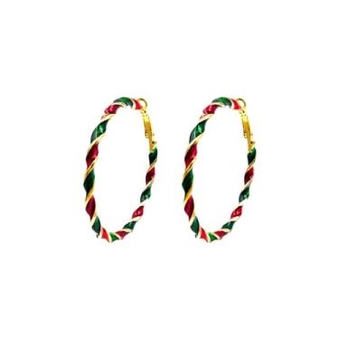 Imagem de Brincos de argola de Natal para mulheres brincos de argola verde vermelho presente de joias de natal para meninas, 50MM, Zinco, Sem pedra preciosa