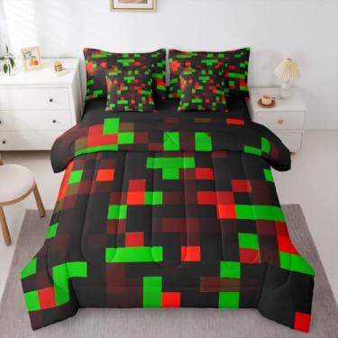 Imagem de jejeloiu Conjunto de edredom Queen Pixelated, vermelho, verde, preto, com lençóis, fronhas e capa de almofada, 7 peças, super macio, para decoração de quarto de crianças, meninas, meninos, gamepad
