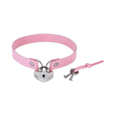 Imagem de Colar Choker De Couro PU Rosa Com Pingente De Metal Punk E Franjas Par