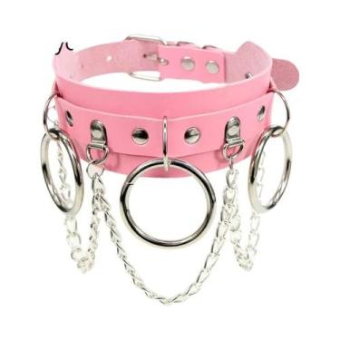 Imagem de Colar Choker De Couro PU Rosa Com Pingente De Metal Punk E Franjas Par