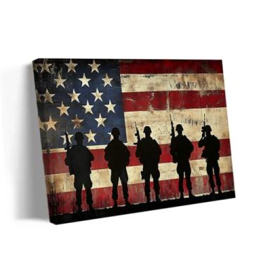 Imagem de QIXIANG Arte de parede em tela com bandeira americana Soldados com Bandeira Imagem Soldados Militares Pintura Impressões Tema Patriótico Decoração de Parede Emoldurada (Azul, 40 cm C x 50 L)