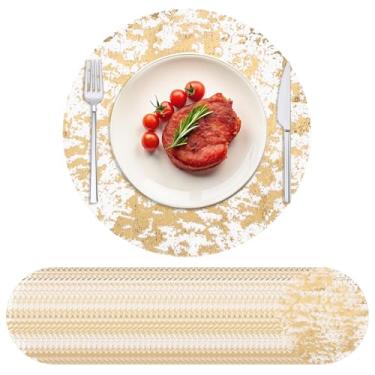 Imagem de UKQRRTC 50 peças de jogo americano dourado, 33 cm, tapetes de mesa prensados de malha redonda, antiderrapante, limpeza sem esforço, estilo versátil e amigável para decoração de casamento, festa de