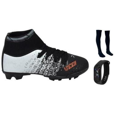 Imagem de Chuteira Infantil Campo Botinha Cano Alto Gramado Travas +  Meião + Re