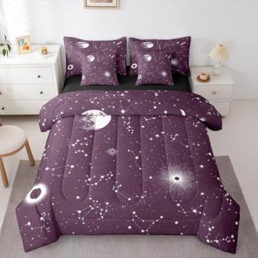 Imagem de Erosebridal Conjunto de edredom King, galáxia roxa, constelação, 7 peças, céu estrelado, espaço e espaço com lençol com estampa de estrelas, espaço sideral, universo, cama em um saco, decoração de