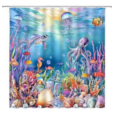 Imagem de AEMBEE Cortina de chuveiro oceânica costeira tartaruga polvo água-viva peixe coral verão praia tecido aquarela cortinas decorativas de banheiro com ganchos, 177,8 cm L x 170 A
