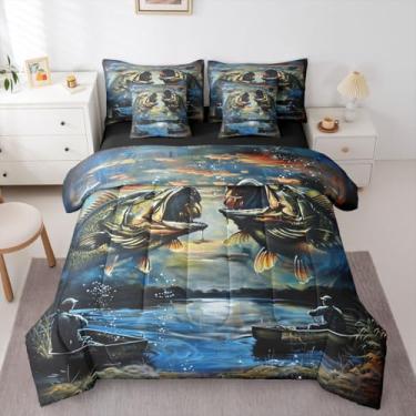 Imagem de Erosebridal Conjunto de cama King Lake com 7 peças, peixe, barco pescador, robalo, aquarelas, cama em um saco, estampa de palheta azul sonhadora para adolescentes, homens e mulheres