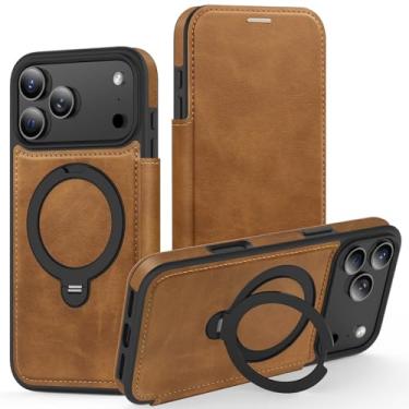 Imagem de Genérico Capa de couro com tampa de estilo empresarial para iPhone 17/17 Air/17 Pro/17 Pro Max, suporte de anel giratório magnético e capa protetora à prova de impactos (Brown, 17 Pro Max)