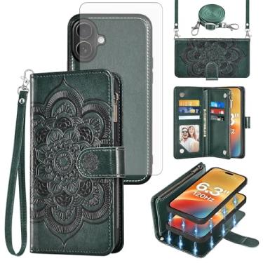 Imagem de Asuwish Capa de celular para iPhone 17 6,3 polegadas com zíper carteira destacável com protetor de tela de vidro temperado alça transversal flor flip porta-cartão i Phone17 i17 17 capa feminina verde