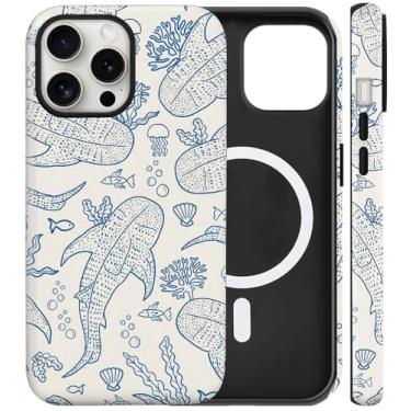 Imagem de flewfun Capa magnética para iPhone 16 Pro Max fofa coral recife baleia tubarão oceano mar capa de telefone fina à prova de choque de TPU e policarbonato rígido compatível com MagSafe projetada para