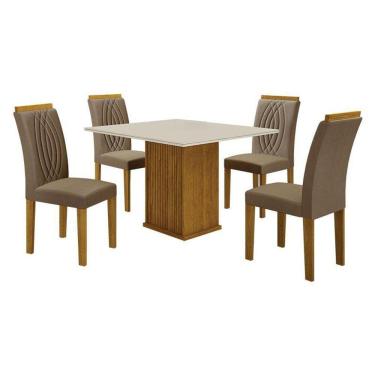 Imagem de Mesa De Jantar Napoli 90x90 Reto Freijó Decor Off White Com 4 Cadeiras Doha Mdf Freijó Joli Camurça – Leifer Móveis