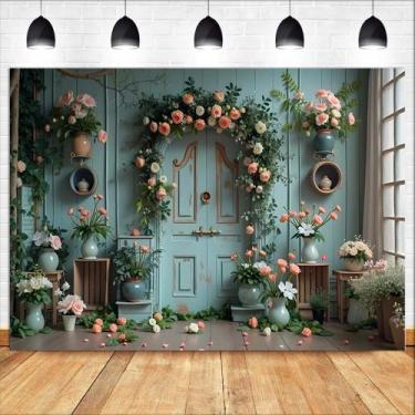 Imagem de Tapeçaria para pendurar na parede, porta floral, arco de madeira azul 