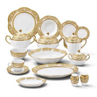 Imagem de Jogo de Aparelho de Jantar em Porcelana Branca e Arabescos Filetados à Ouro 62 Peças 45x63x57cm