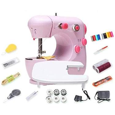 Imagem de Máquina de costura doméstica mini máquina de costura multifuncional elétrica pequena máquina de costura manual (18 acessórios grátis) rosa atualizado