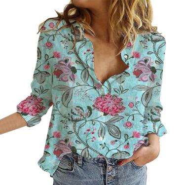 Imagem de Camisa feminina de botão 2024 verão estampa floral lisa camiseta casual manga longa túnica de trabalho solta gola V, Zb-azul, M