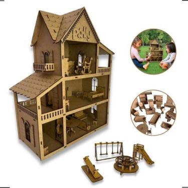 Imagem de Casinha De Boneca Brinquedo Infantil Em Mdf Cru 19 Mini Moveis - Grupo