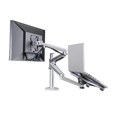 Imagem de Suporte para monitor e laptop, suporte de mesa de braço duplo ajustável 2 em 1 para telas LCD de 27 polegadas e laptops de 12 a 17 polegadas, com fixação de mesa e suporte de exibição de ilhós