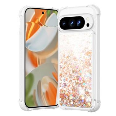Imagem de Noyabox Capa com glitter para Google Pixel 8A, areia líquida brilhante, à prova de choque, transparente, brilhante, dinâmica, com almofadas de ar, capa para mulheres e meninas, dourada