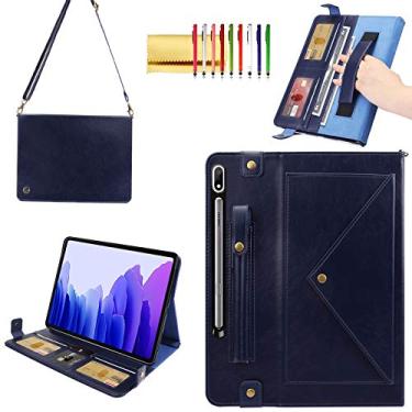 Imagem de Techcircle Capa de mão para Samsung Galaxy Tab S9 FE 27.7 cm/S9/S8/S7 27.9 cm, capa tipo carteira transversal protetora com suporte para caneta + compartimento para cartão + alça de mão/ombro, azul