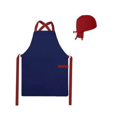 Imagem de Avental e Bandana Azul Marinho Vermelho Chef Cozinha