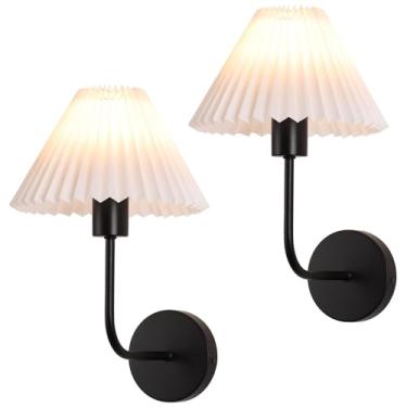 Imagem de KELUOLY Conjunto De 2 Arandelas Parede, Abajur Tecido Plissado Branco, Luminária Preta Fosca, Iluminação Curva, Cômoda Banheiro, Decoração Com Fiação, Aplicável À Sala Estar, Quarto E Jantar