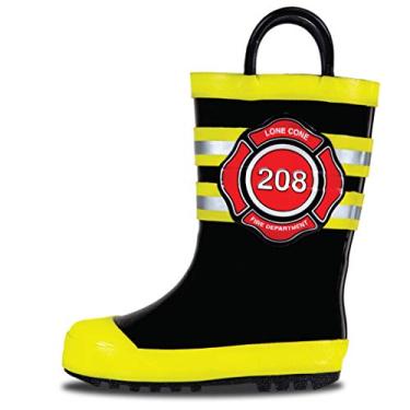 Imagem de Botas de chuva LONECONE com alças fáceis de colocar em padrões divertidos e cores sólidas para crianças e bebês, Fire Chief, 2 Little Kid
