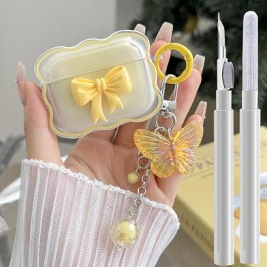 Imagem de Compatível com AirPods Pro 2/1 capa transparente, amarela, estampa de arco 3D, capas para iPods Pro 2 com lindo chaveiro borboleta, capa protetora de TPU macio e kit de limpeza para Airpod Pro para