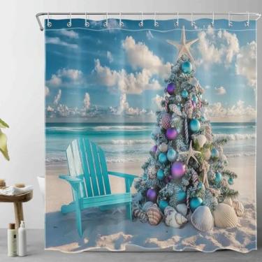Imagem de HVEST Cortina de chuveiro de Natal de praia azul com ganchos, árvore de Natal com concha no litoral conjunto de cortina de chuveiro natureza paisagem conjunto acessórios de decoração de banheiro, 182