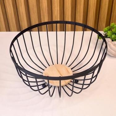 Imagem de Fruteira De Mesa Rustica De Ferro E Bambu Para Café Da Manhã Multiuso Metal Preto Cesto Organizador(REDONDA FERRO E MDF 25X25CM)
