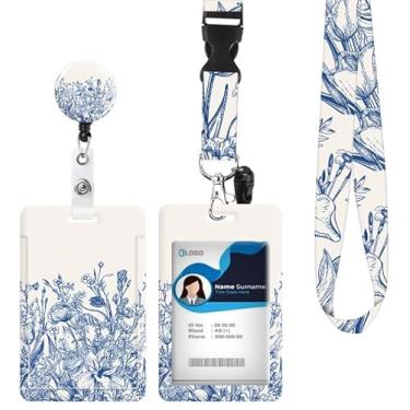 Imagem de Suporte de crachá de identificação com cordão retrátil e chaveiro, carretel de crachá com clipe de mosquetão giratório, etiqueta de nome de cartão de ervas e flores, cordão protetor de identidade