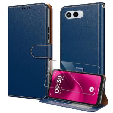 Imagem de Capa T-Mobile Revvl 8 TMRV085G com protetor de tela de vidro temperado PU Leather Folio Flip [bloqueio RFID] [Suporte] [Porta-cartões] Capa magnética TPU à prova de choque - Azul