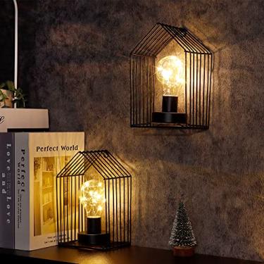 Imagem de JHY DESIGN Conjunto de 2 candeeiros de mesa operados por bateria 18 cm H Arandela de parede vintage gaiola de metal para pendurar na parede sem fio com temporizador de 6 horas para casa, quarto