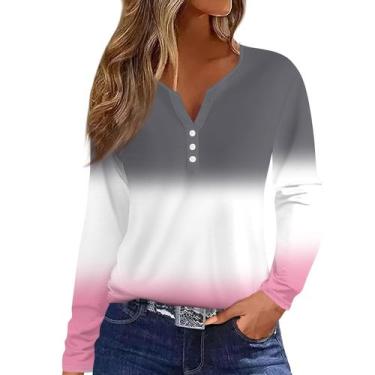 Imagem de Camiseta feminina COTECRAM com botão, decote em V, manga comprida B, c