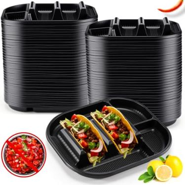 Imagem de Baderke Pacote com 100 pratos descartáveis de taco, placas de suporte de taco de PP com 2 divisórias para conchas macias e duras para terça-feira, festas, piqueniques, seguro para micro-ondas