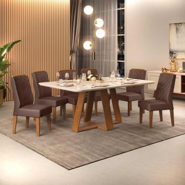 Imagem de Conjunto Sala De Jantar Mesa Com 6 Cadeiras Tampo Curvo 160cm Kiara Freijó/off White Lídia Veludo Moca - Dj Móveis