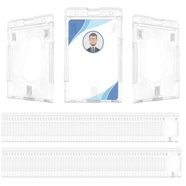 Imagem de LECEHIVO 120 porta-crachás de plástico rígido com compartimento para polegar, suporte de cartão transparente vertical, suportes de proteção de identidade de dois lados para crachá de escritório