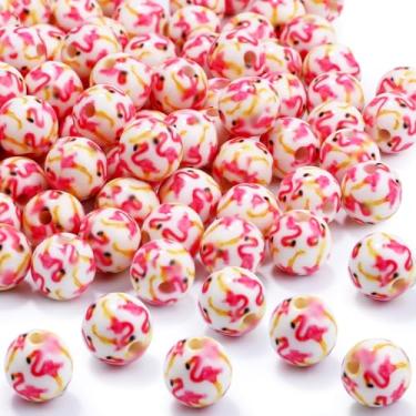 Imagem de 100 peças de contas de resina de 10 mm a granel para kit de fabricação de pulseiras, contas soltas redondas estampadas de flamingo para joias, brincos, colar, anéis, arte, artesanato, projetos DIY