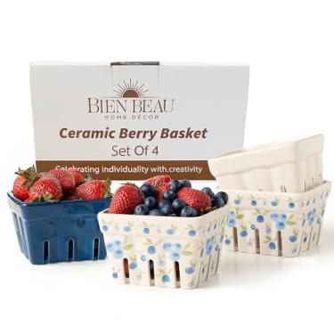 Imagem de Cesta de cerâmica para bagas da fazenda, escorredor, tigela quadrada do mercado de fazendas. Tigelas para decoração de cozinha rústica, cestas de frutas, padrão Bleu branco e mirtilo conjunto de 4 tigelas de colheita