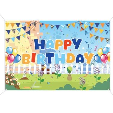Imagem de Painel Fundo Aniversário com Desenho Animado Cãozinho Azul, 150x100cm Decoração Suspensa para Aniversário com Balões e Bandeirolas Coloridas Impressas Ideal para Fotos de Meninos e Meninas