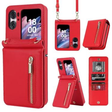 Imagem de Capa carteira flip Oppo Find N2, bolso com zíper com compartimentos para cartões, cordão e suporte, estilo fólio fino com recortes precisos e fecho magnético para uso diário e viagens (vermelho)