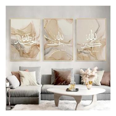 Imagem de 3 peças caligrafia islâmica Allahu Akbar bege dourado mármore fluido pôster abstrato tela arte de parede decoração de sala de estar - (40 x 60 cm x 3) 40 x 61 cm sem moldura