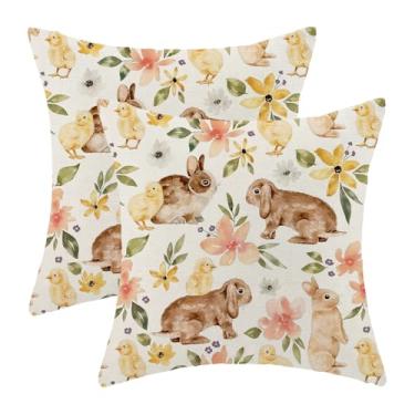 Imagem de Sorktse Capas de almofada de páscoa 45,7 x 45,7 cm, conjunto de 2 almofadas florais rosa coelhinho da páscoa, decoração ao ar livre, coelho, flores silvestres, fronhas de linho para cama, sofá, sofá