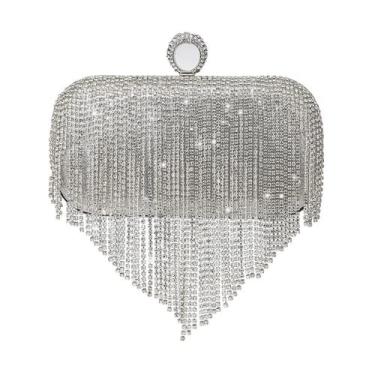 Imagem de Bolsa de casamento de strass feminina bolsa de mão feminina bolsa de ombro corrente, Prata, M