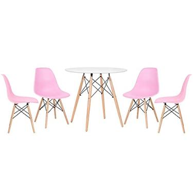 Imagem de Loft7, Mesa redonda Eames 80 cm branco + 4 cadeiras Eiffel DSW Rosa claro
