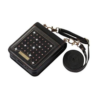 Imagem de Capa transversal para celular Bling Glitter para Samsung Galaxy Z Flip 4 3 5G Flip4 Flip3 Compartimento para cartões de crédito Capa de couro com cordão, preta, para Galaxy Z Flip4 5G