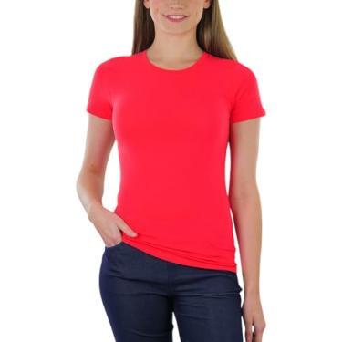 Imagem de ToBeInStyle Camiseta feminina slim fit gola redonda manga curta longline, Slim Fit - Coral, M