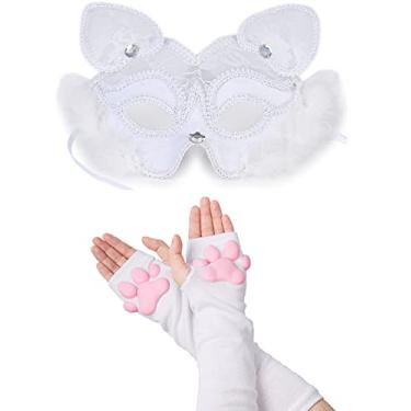 Imagem de Meias de cano alto de pata de gato, meias fofas macias de bico 3D, luvas de gatinho, conjunto de cosplay para meninas e mulheres.., 2 máscaras brancas, 7.87