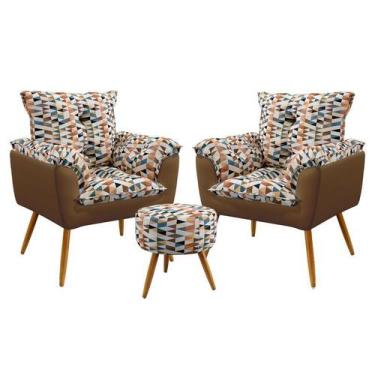 Imagem de Kit 2 Poltronas Opala com Puff Solar Suede Estampado Laranja com Capuc