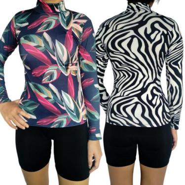 Imagem de Kit 2 Blusinhas Femininas Gola Alta Manga Longa Justas Estampas Sortid