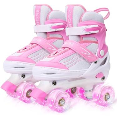 Imagem de LEJIJIT Patins para meninas, crianças, iniciantes, ajustáveis, 4 tamanhos, quadriláteros, rosa e branco, para crianças e jovens, com rodas iluminadas para esportes (pequeno 11C-1 EUA)